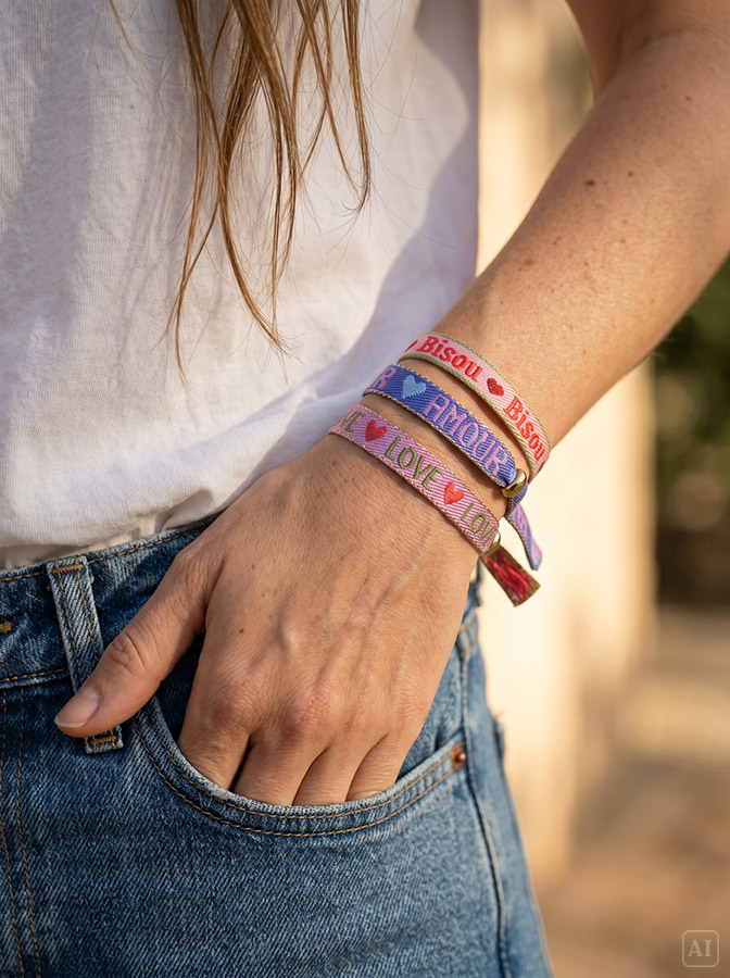 Tragebeispiel: Stoffarmband mit Text: Ibiza Armband AMOUR - BISOU - LOVE