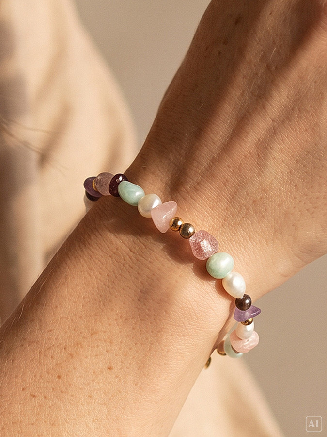 Tragebeispiel am Handgelenk: Edelstein Armband Pastell
