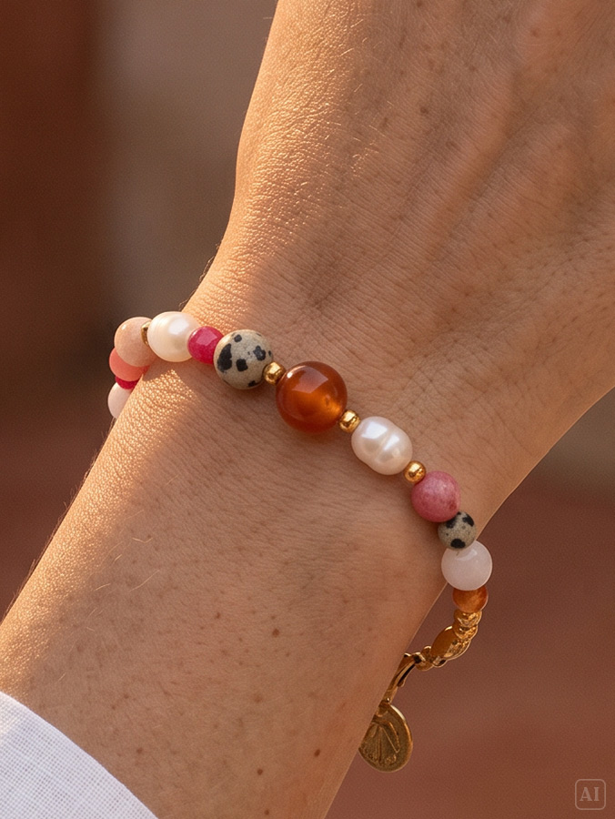Tragebeispiel für Armband mit Steinen in warmen Farben – Karneol, Pink und Dalmatiner Jaspis