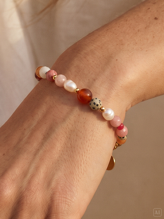 Tragebeispiel für Armband mit Steinen in warmen Farben – Karneol, Pink und Dalmatiner Jaspis