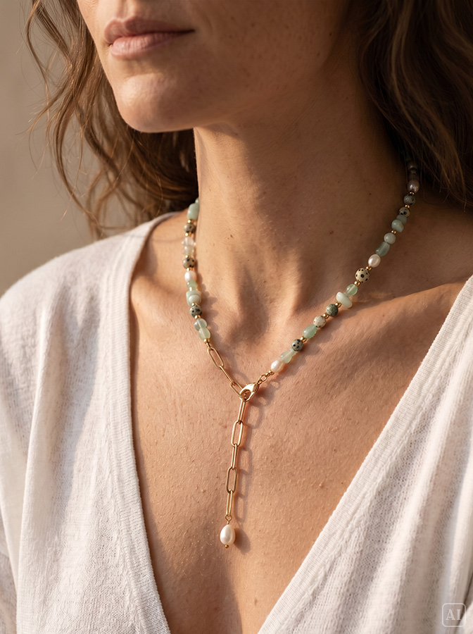 Styling Beispiel für Edelsteinkette Grün "Malou" als Y-Kette mit goldener Edelstahlkette