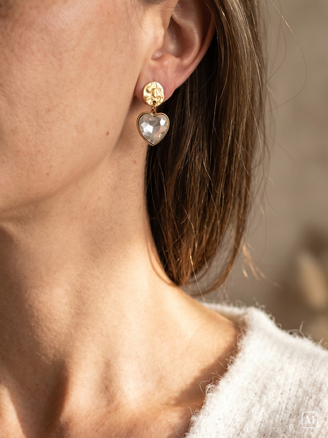 Traumbild Detail: Glaskristall Herz Ohrringe mit Stecker in Gold