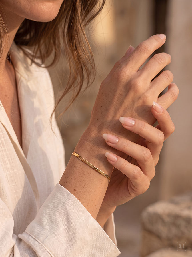 Flaches Schlangenarmband Gold, getragen am Handgelenk einer Frau