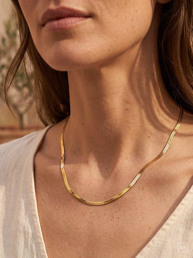 Junge Frau trägt eine flache Schlangenkette in Gold